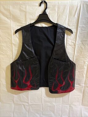 Black Leather Vest with Red Flame Appliqué